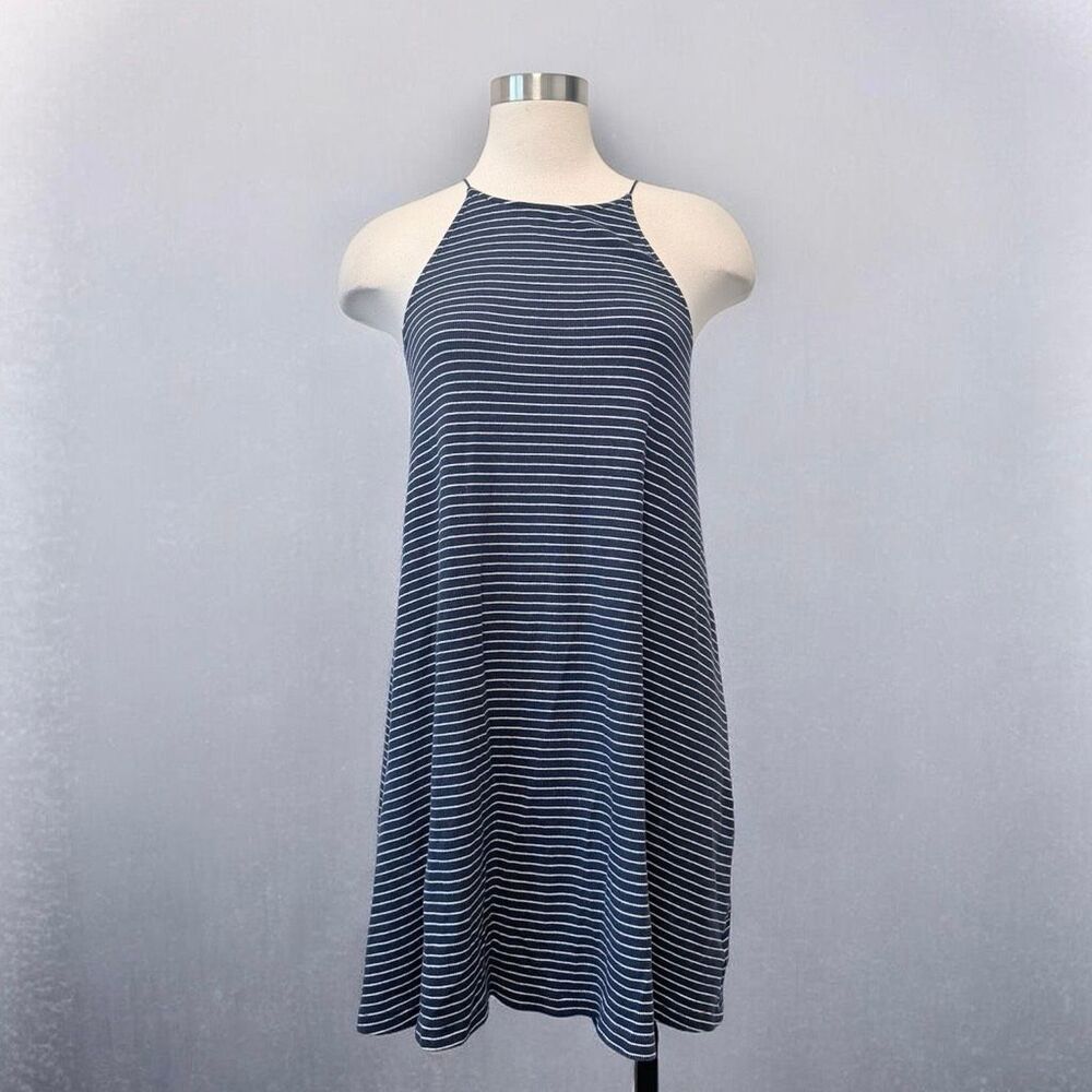 Dip blue Stripe High Neck Mini Dress Swing Trapeze Small